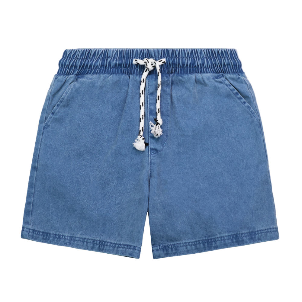 Blue shorts with a drawstring on a white background