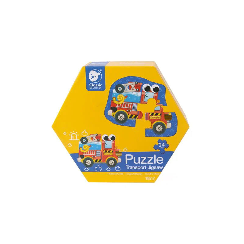 Hexagonal packaging of a children's puzzle with transport theme on a white background