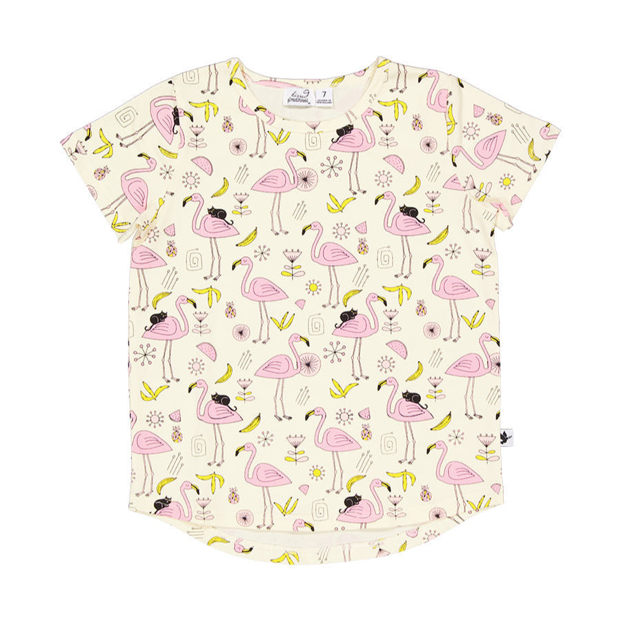 Girls t-shirt with flamingo pattern on a white background