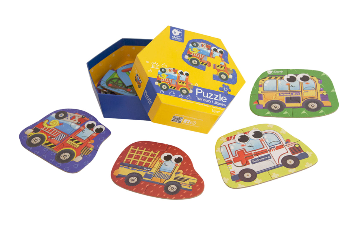 Transport jigsaw puzzle with colorful pieces and packaging on a white background