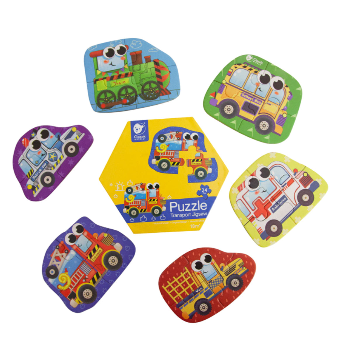 Set of transport-themed jigsaw puzzles with colorful designs on a white background.