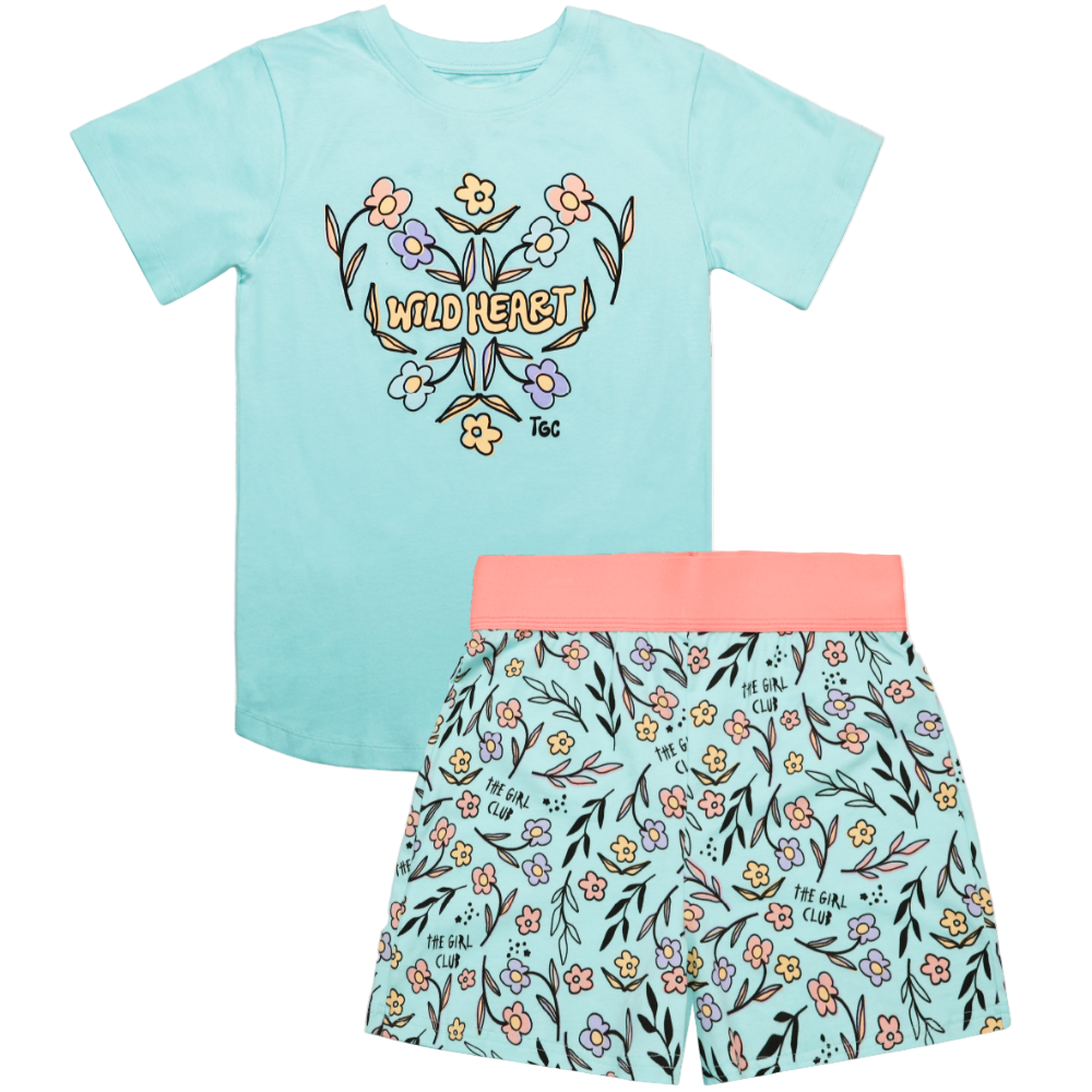 Children's outfit with a light blue t-shirt and shorts featuring floral designs on a white background.
