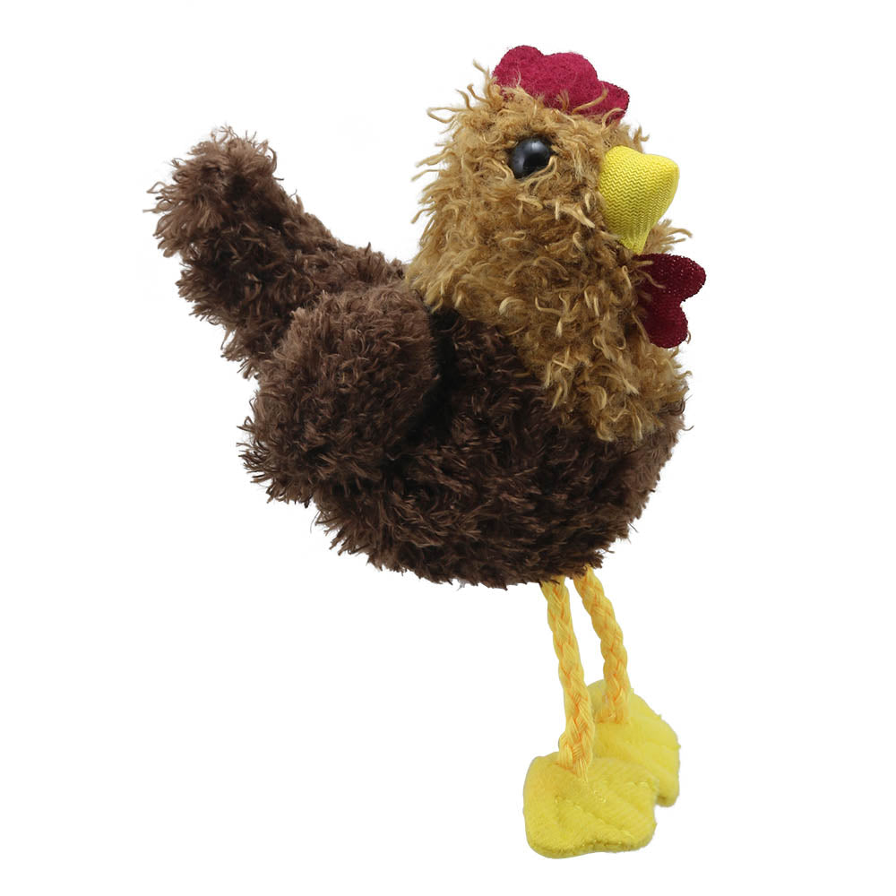 Plush toy chicken with brown body, yellow legs, and red crest on a white background