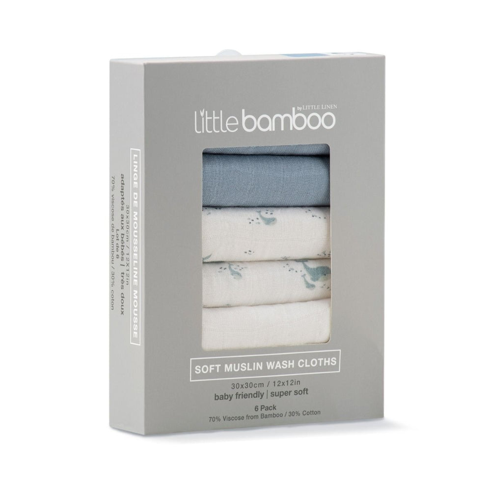 Packaging of Little Bamboo soft muslin wash cloths with three folded cloths inside on a white background.
