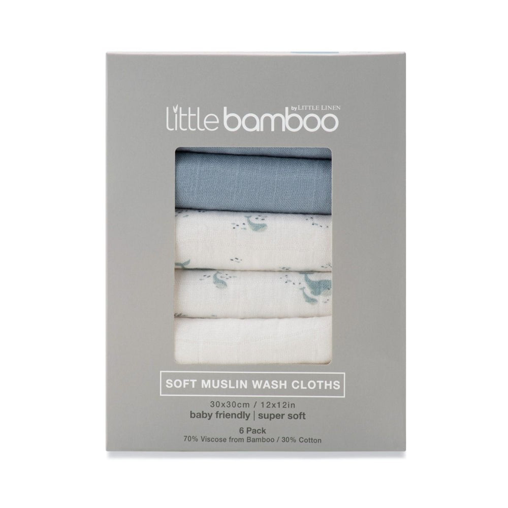 Packaging of Little Bamboo soft muslin wash cloths with three folded cloths inside.