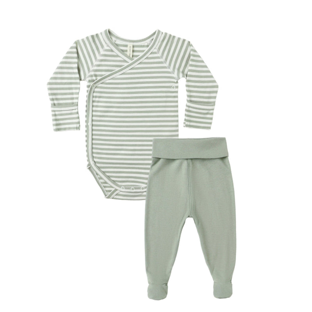 Baby outfit with striped shirt and green pants on a white background