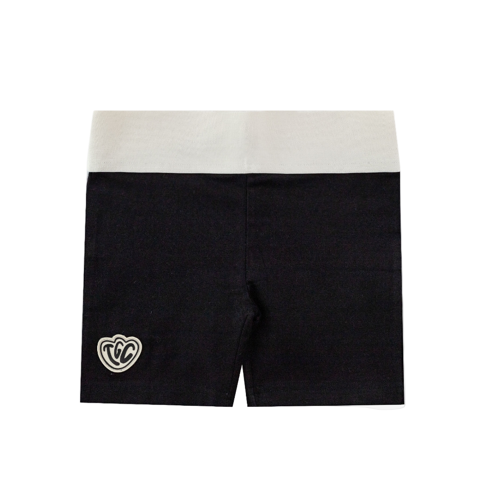 Black shorts with a white logo on a white background
