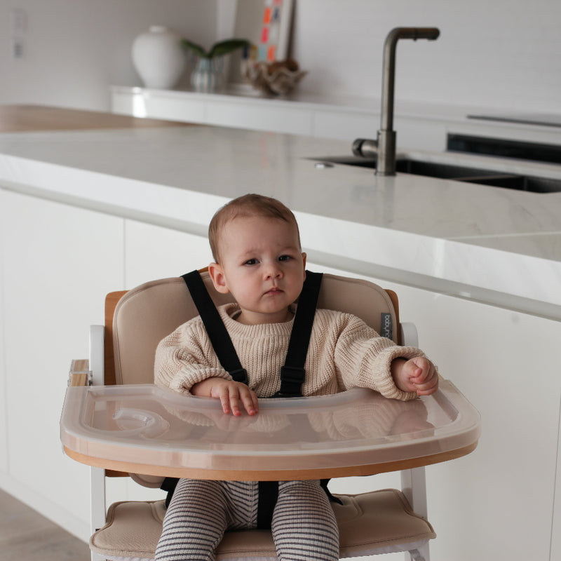 Baby in a high chair in a kitchen setting