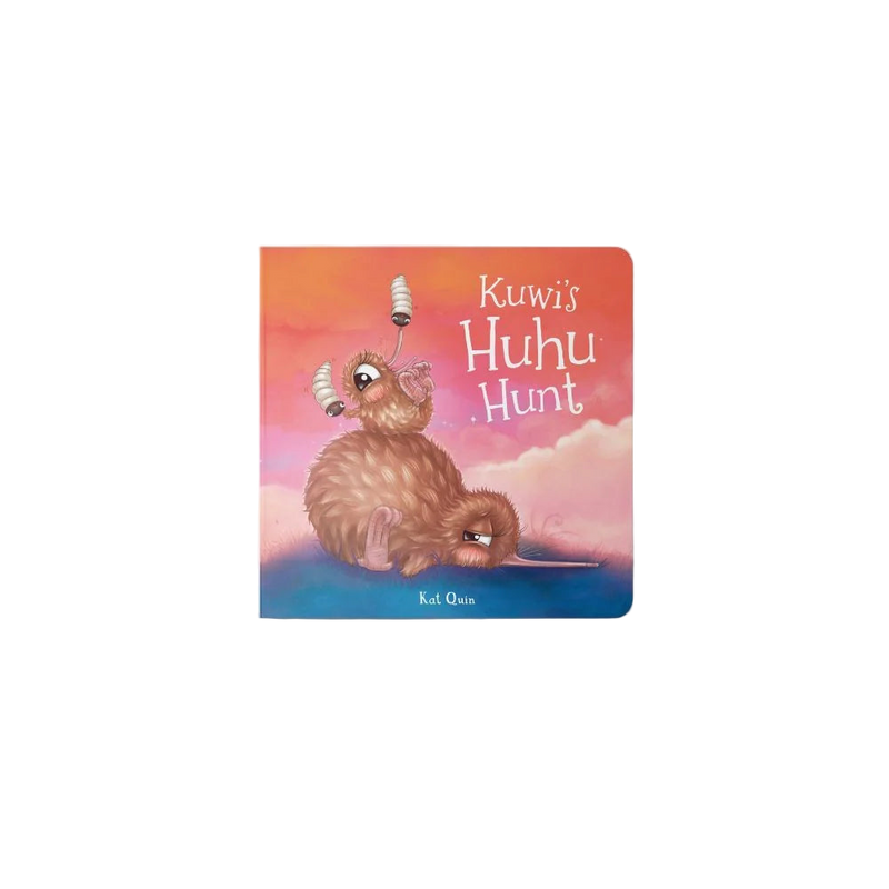 Children's book titled 'Kuwi's Huhu Hunt' with a kiwi bird illustration on a colorful background.