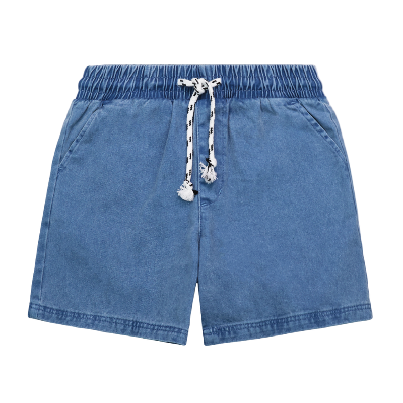 Blue shorts with a drawstring on a white background