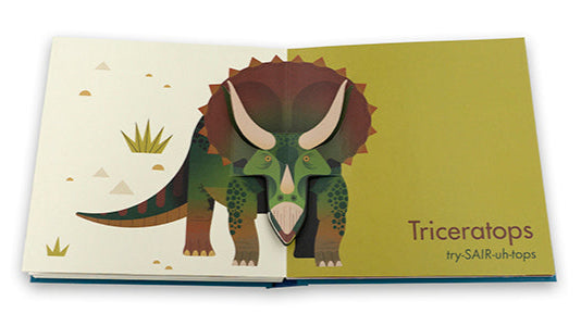 Children's book about a Triceratops with a green cover and dinosaur illustration.