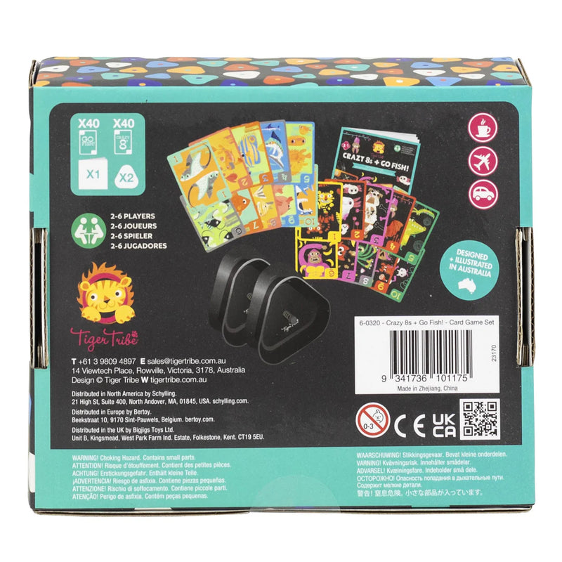 Back view of a Tiger Tribe card game packaging with colorful cards and branding.