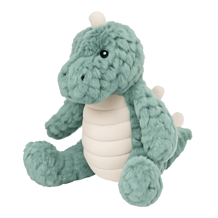 Plush dinosaur t rex toy with a white belly on a white background