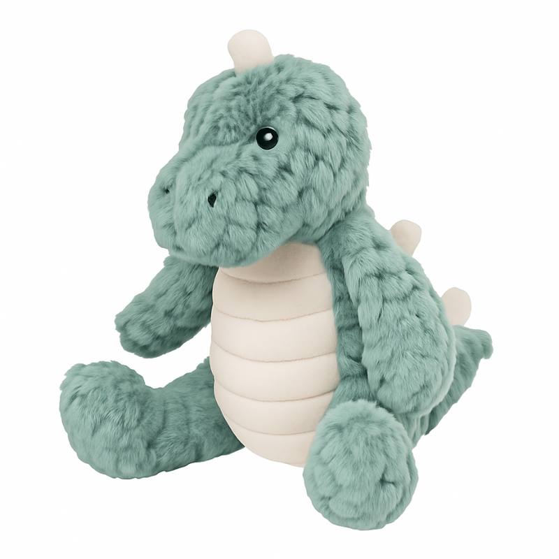 Plush dinosaur t rex toy with a white belly on a white background