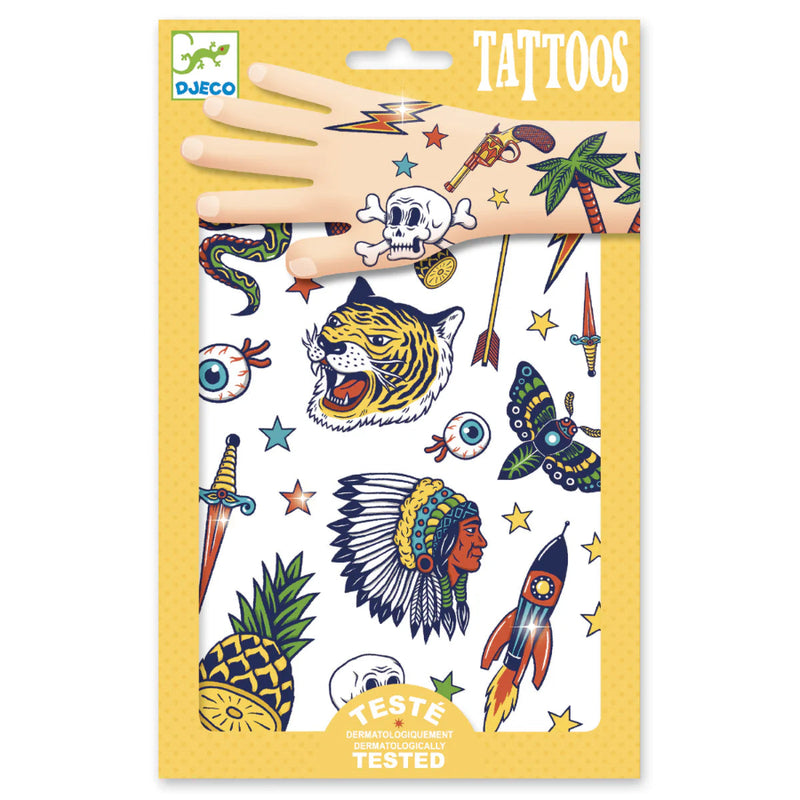 Packaged tattoos with various designs on a yellow background