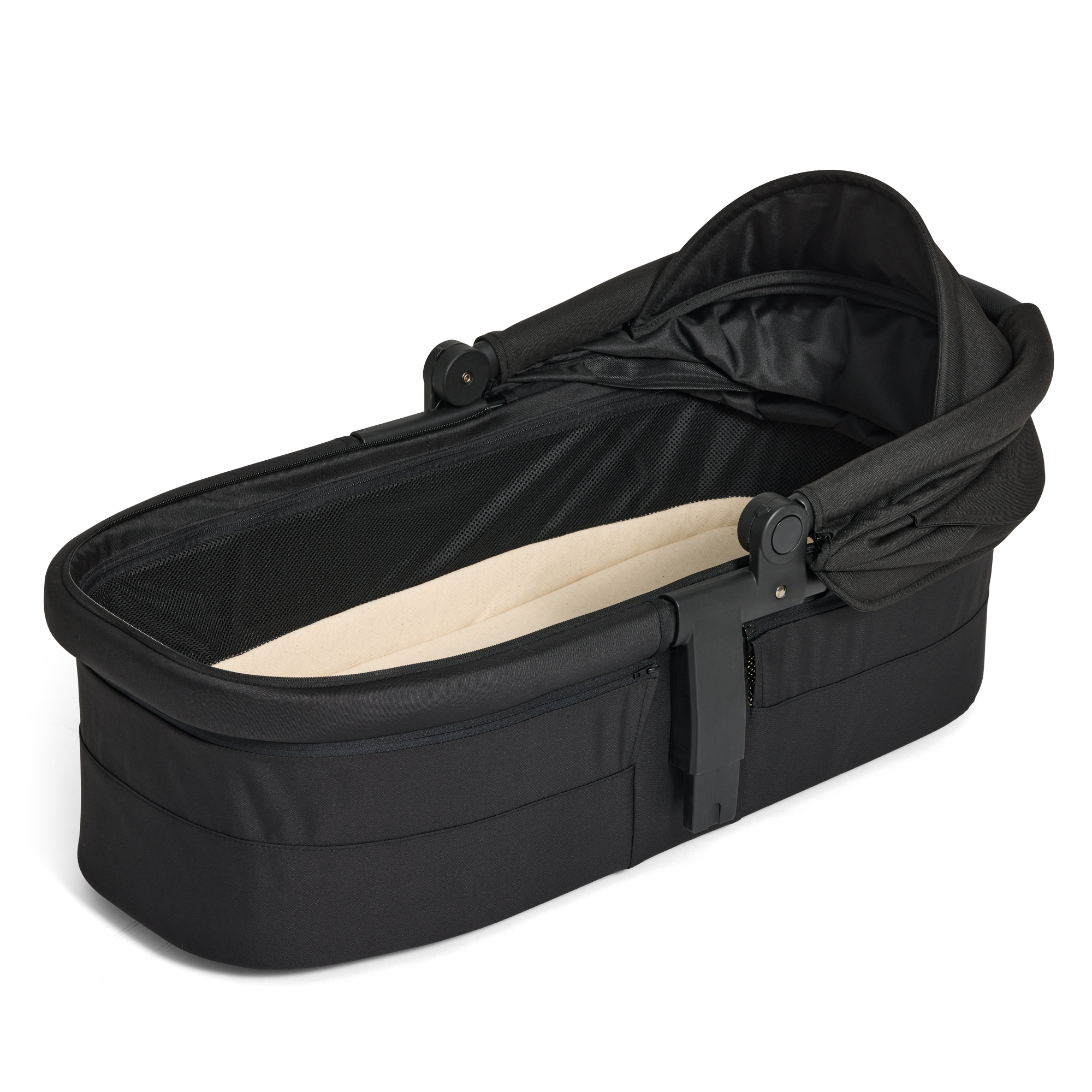 Black baby bassinet with beige interior on a white background