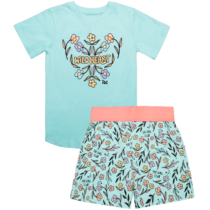 Children's outfit with a light blue t-shirt and shorts featuring floral designs on a white background.