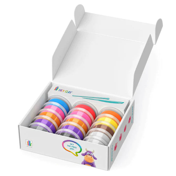 Box of colorful hey clay air dry cans in open box