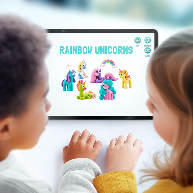 Two children looking at a tablet displaying colorful rainbow unicorns.