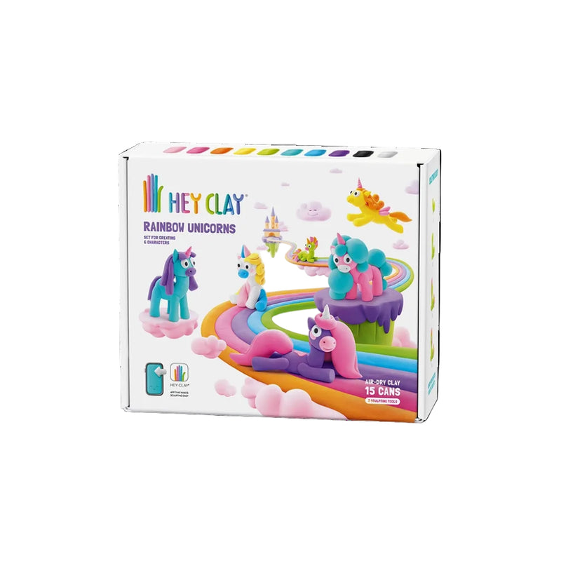 Hey Clay Rainbow Unicorns clay kit packaging on a white background