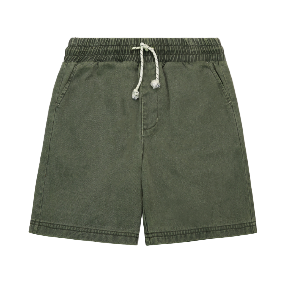 Green shorts with a drawstring on a light gray background