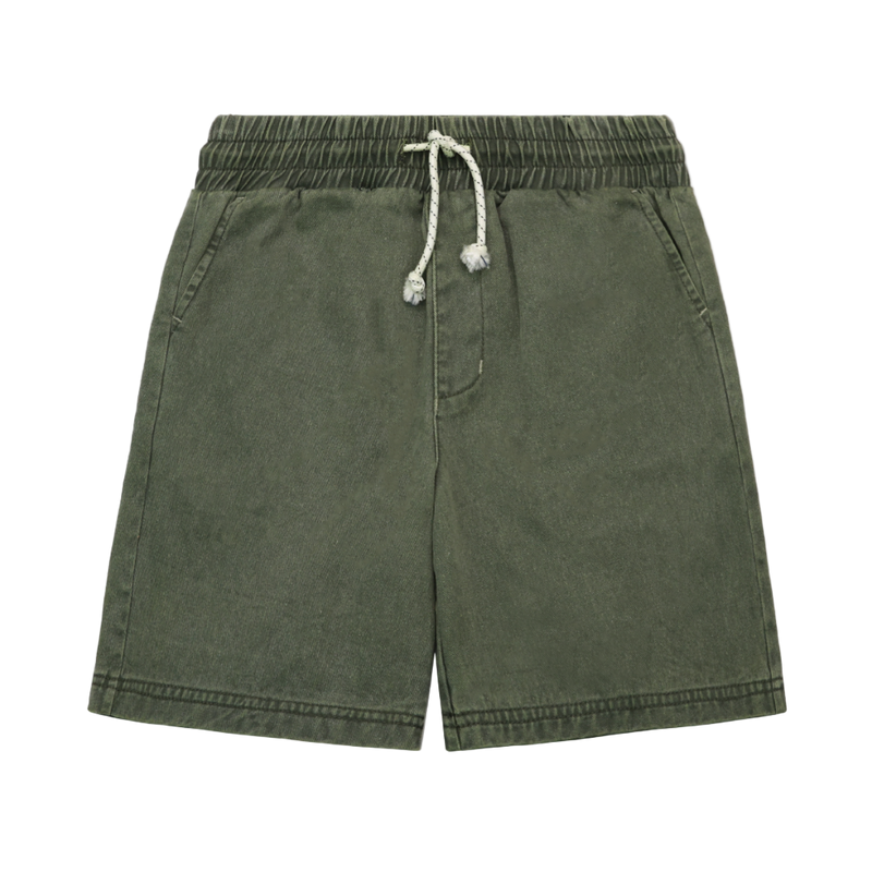 Green shorts with a drawstring on a light gray background