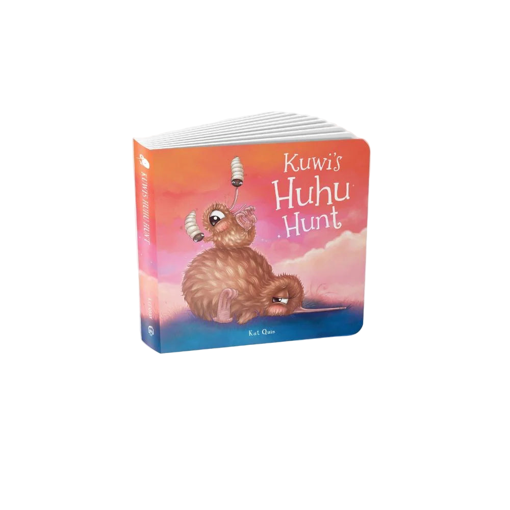 Children's book titled 'Kuwi's Huhu Hunt' with a kiwi bird illustration on a white background