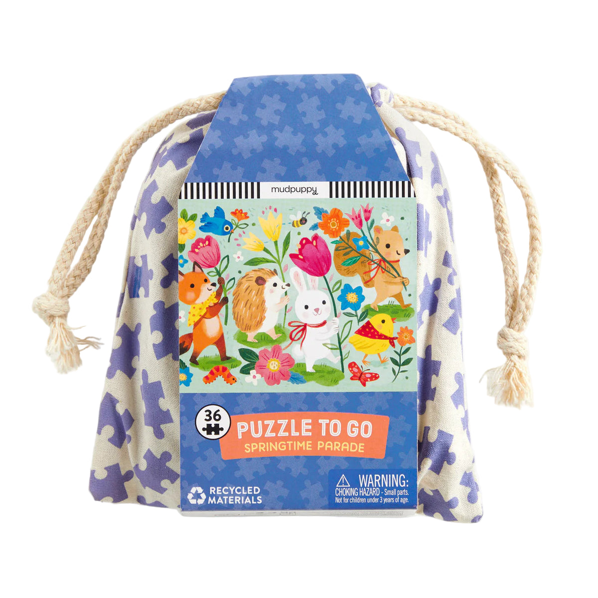 Puzzle packaging with drawstring bag featuring spring-themed illustrations on a white background
