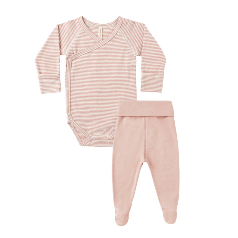 Pink baby outfit with bodysuit and pants on a white background