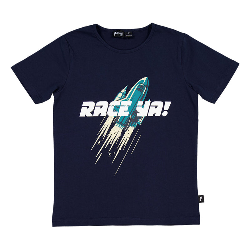 Navy blue t-shirt with a rocket graphic and 'RACE YA!' text on a white background