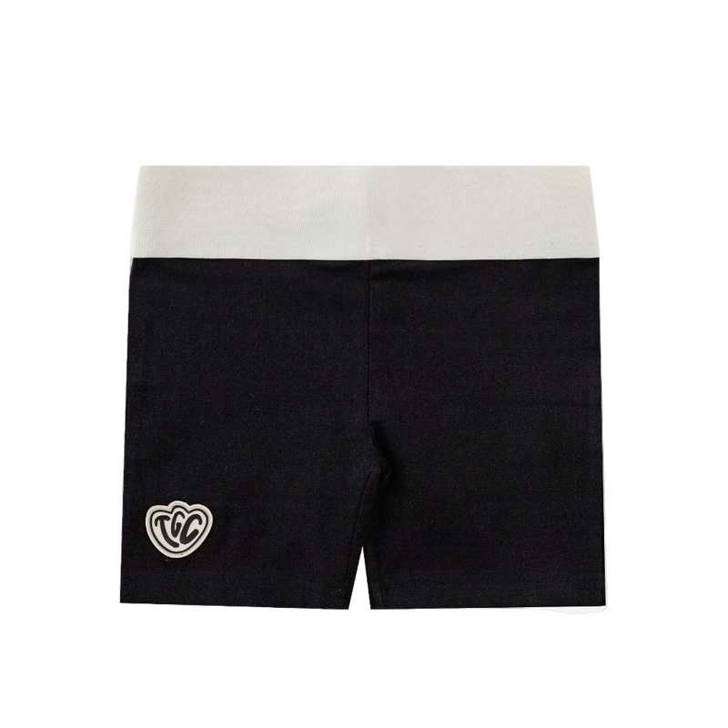 Black shorts with a white logo on a white background