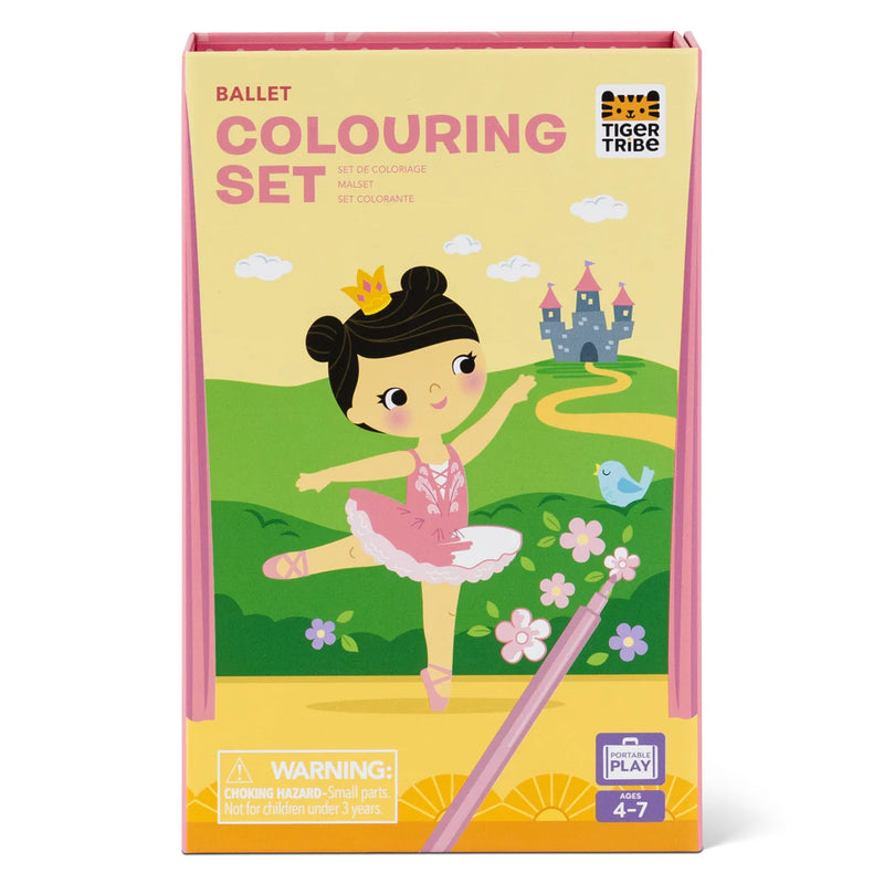 Ballet-themed colouring set packaging with a ballerina illustration on a yellow background.