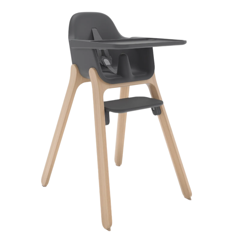 High chair with dark gray seat and backrest on a light wooden frame against a white background
