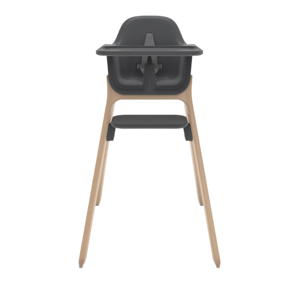 High chair with dark gray seat and light wood legs on a white background