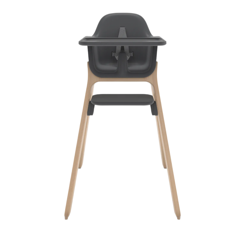 High chair with dark gray seat and light wood legs on a white background