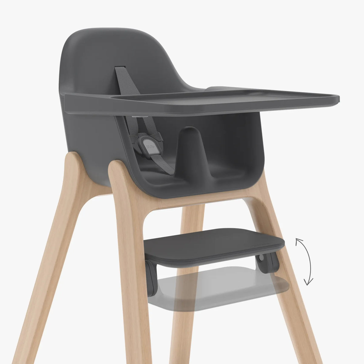 High chair with dark gray seat and tray on a white background