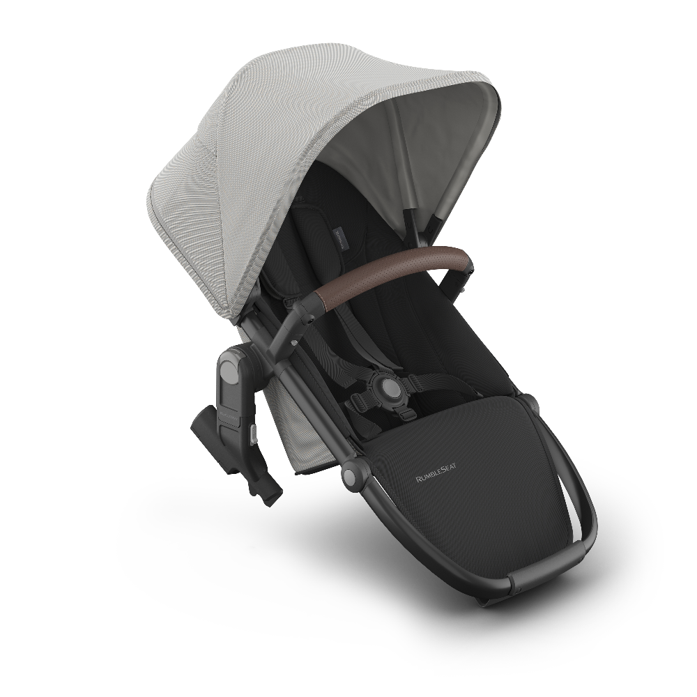 Baby stroller with gray canopy and black seat on a white background