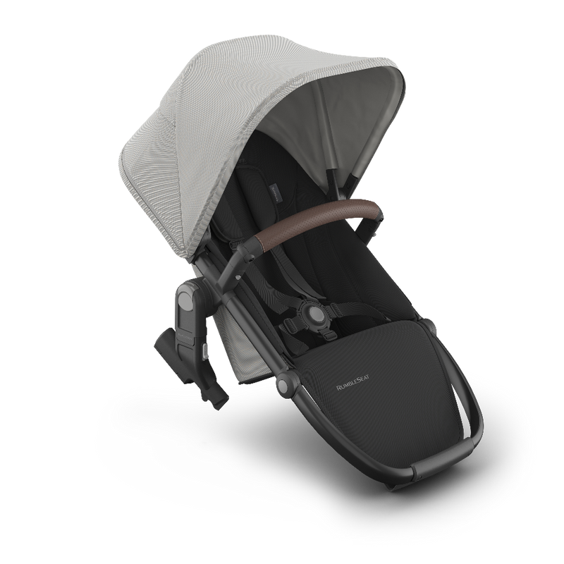 Baby stroller with gray canopy and black seat on a white background