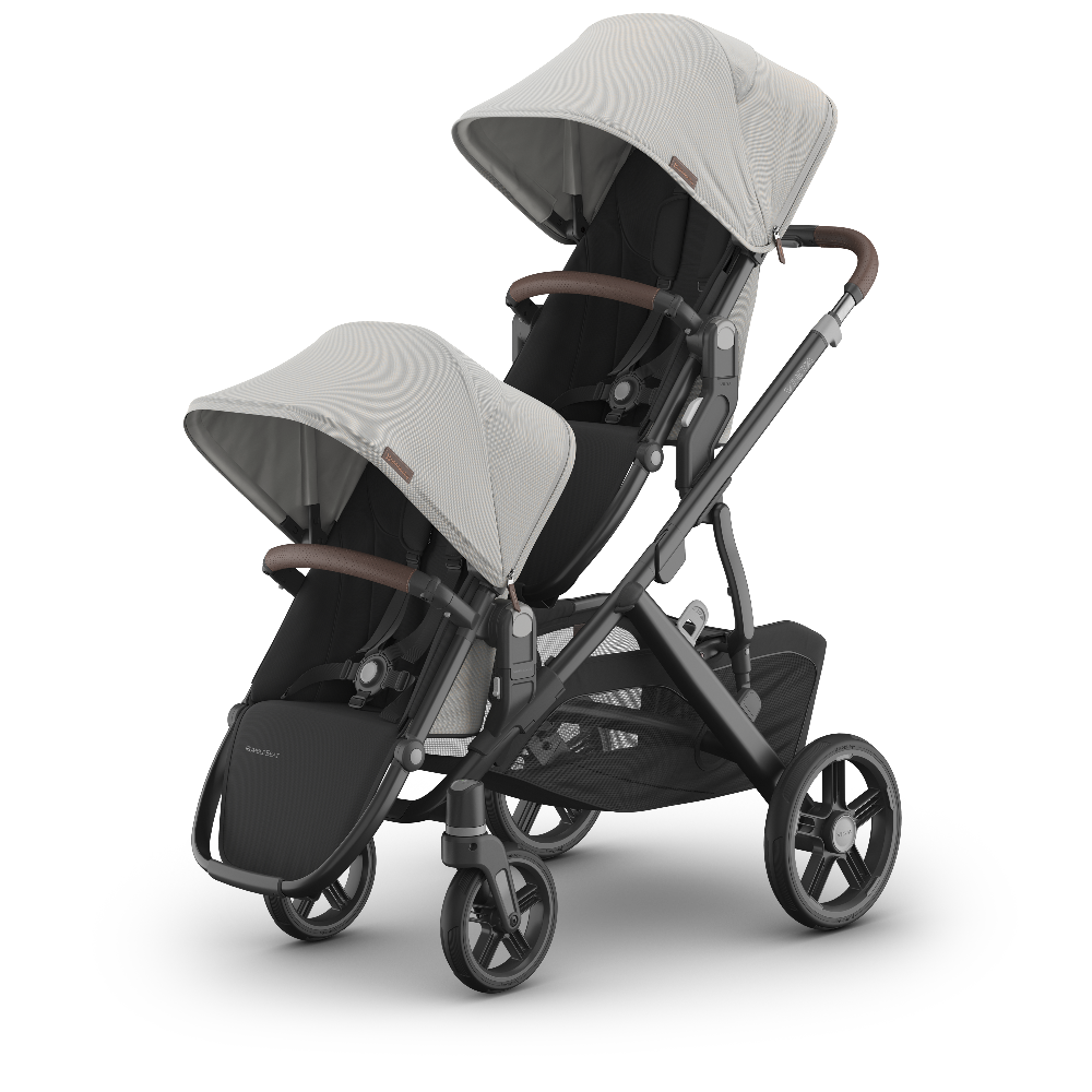 Double stroller with gray canopies on a white background