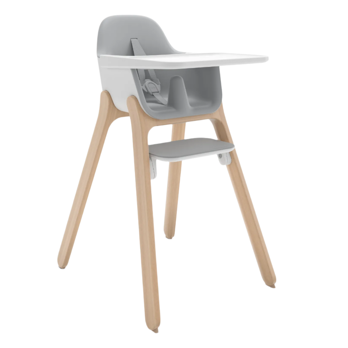 Children's high chair with gray cushioned seat and backrest, white tray, and wooden legs on a white background.