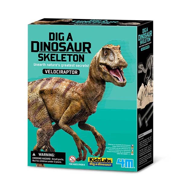 Kiddelab Velociraptor dinosaur skeleton excavation kit packaging on a white background