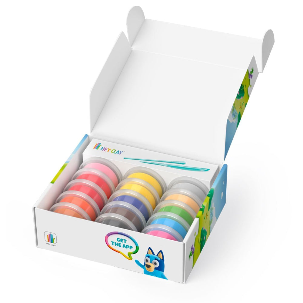 Box of colorful clay pots with a visible brand logo on a white background