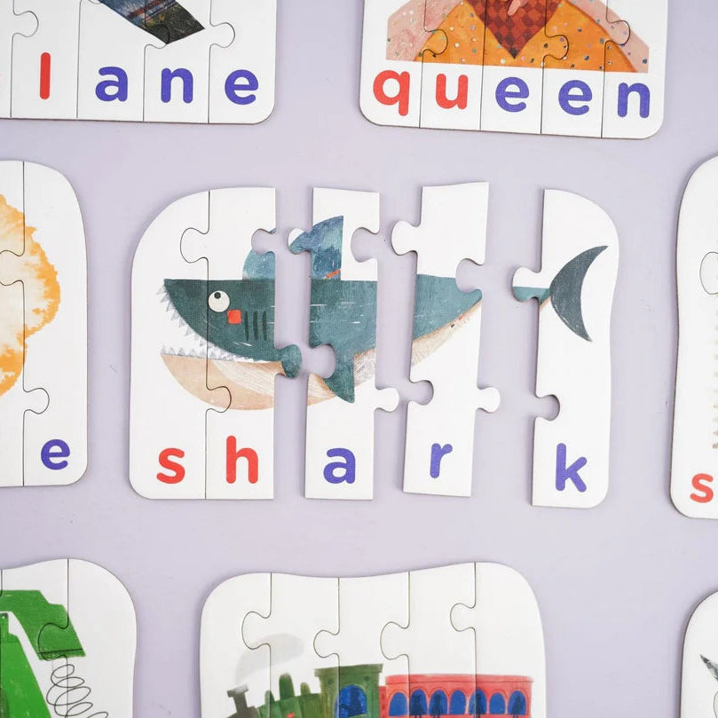 Educational children's puzzle with letters and images on a purple background