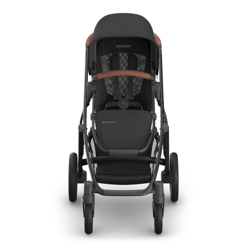 Black stroller with brown accents on a white background
