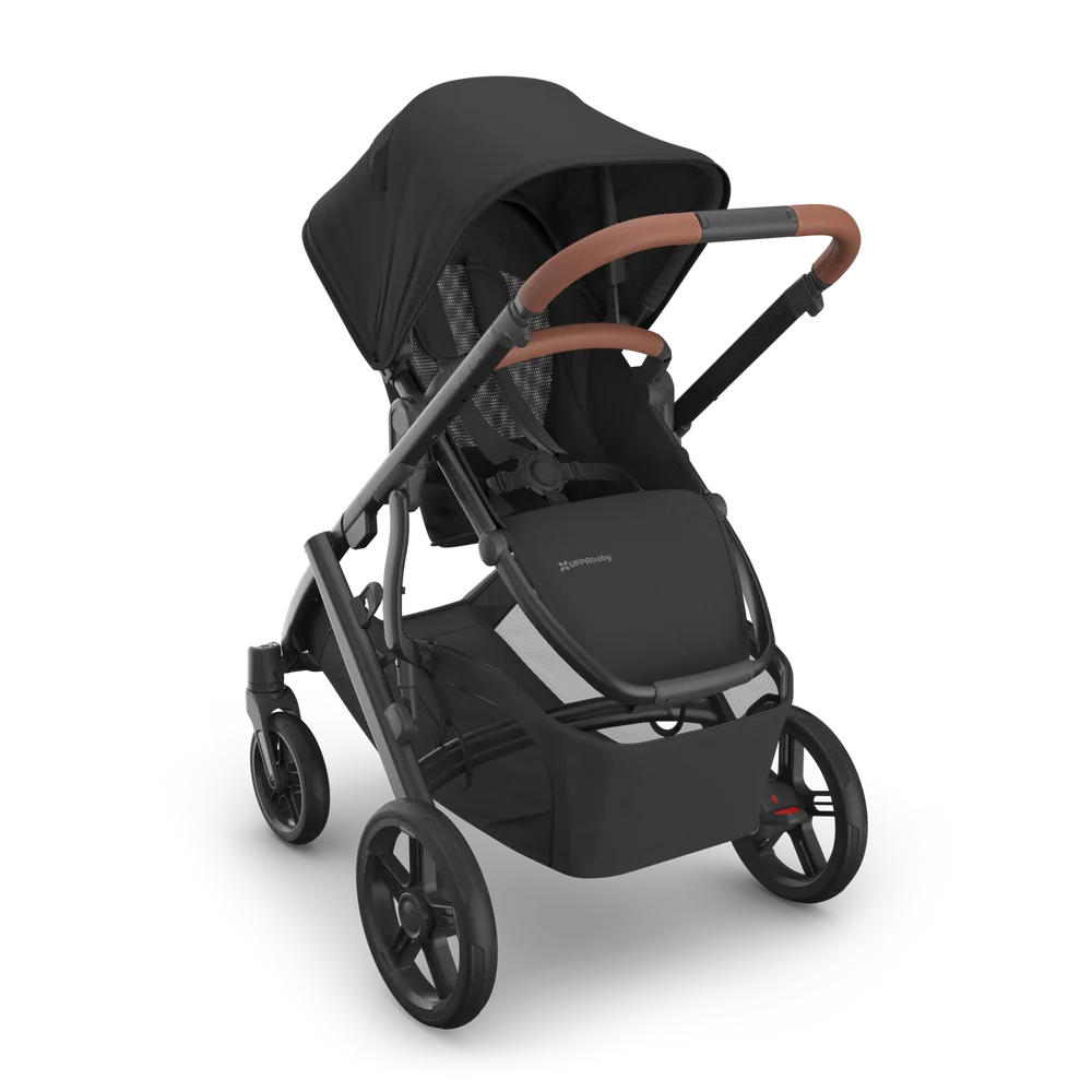 Black stroller with brown accents on a white background