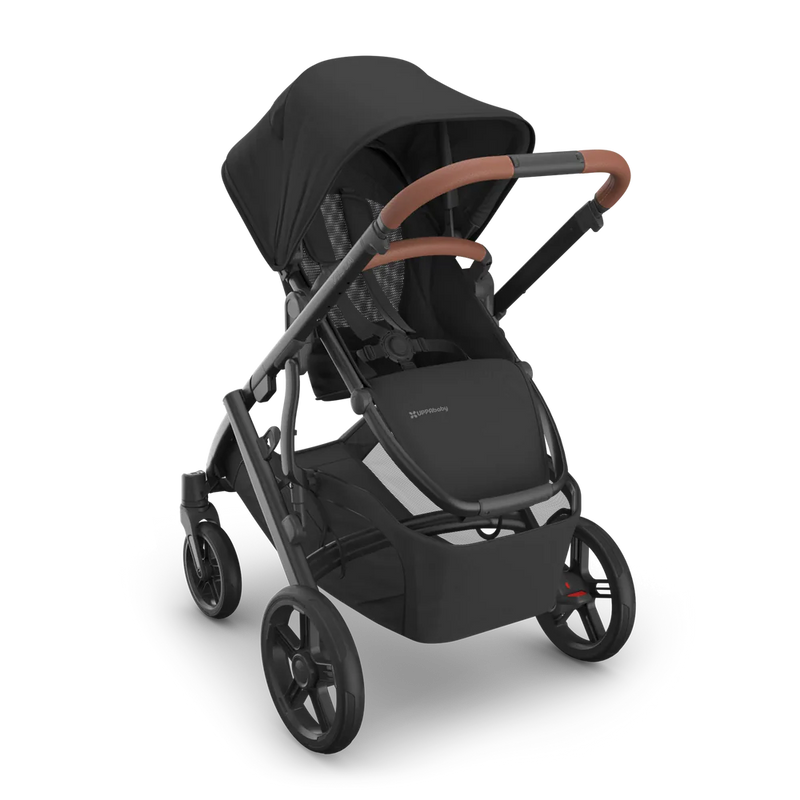 Black stroller with brown accents on a white background