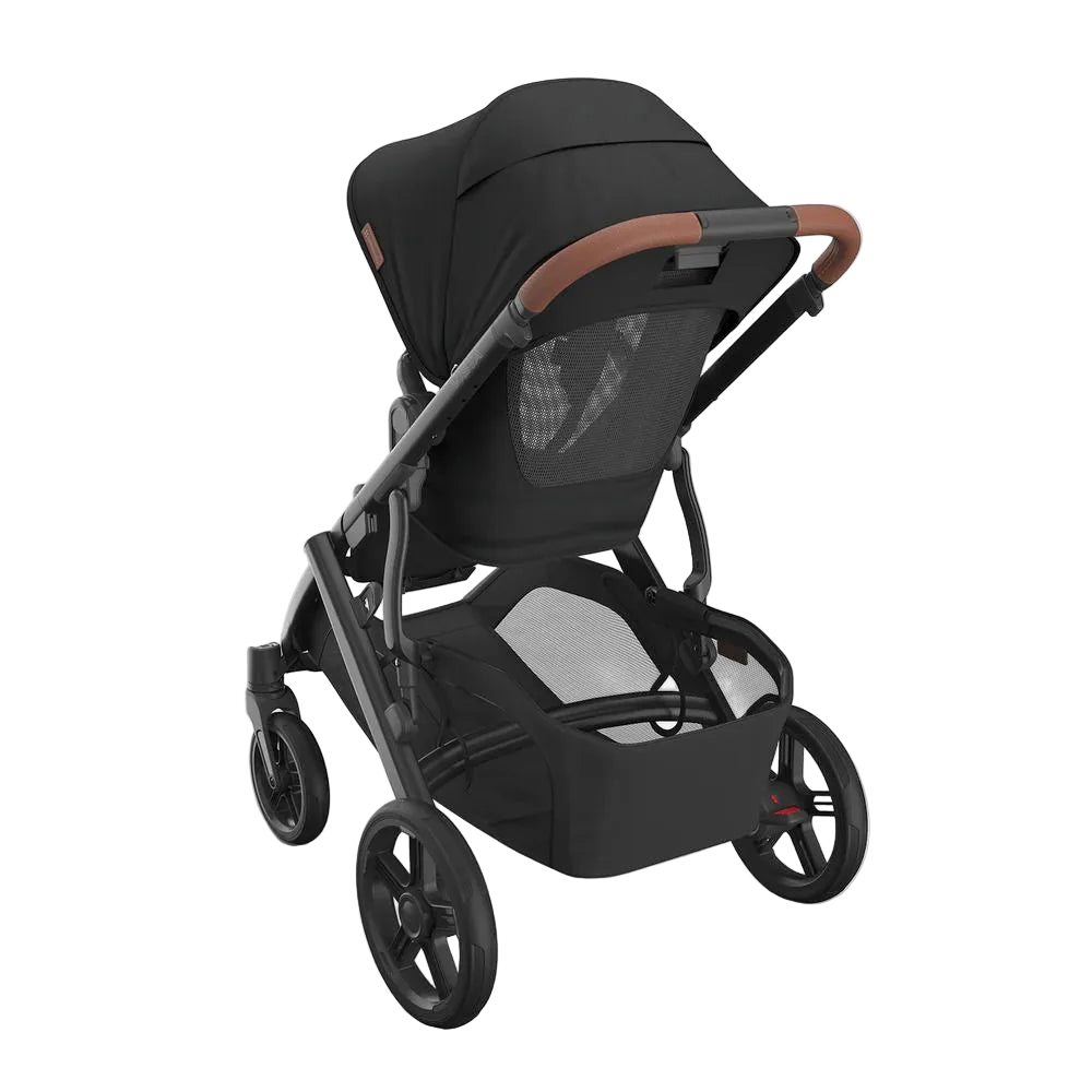 Black stroller with brown accents on a white background