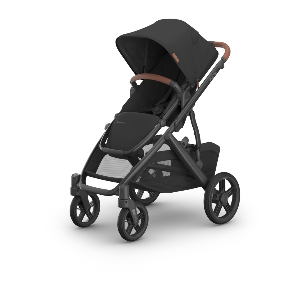 Black stroller with brown accents on a white background