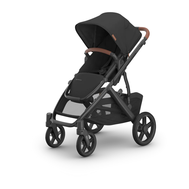 Black stroller with brown accents on a white background